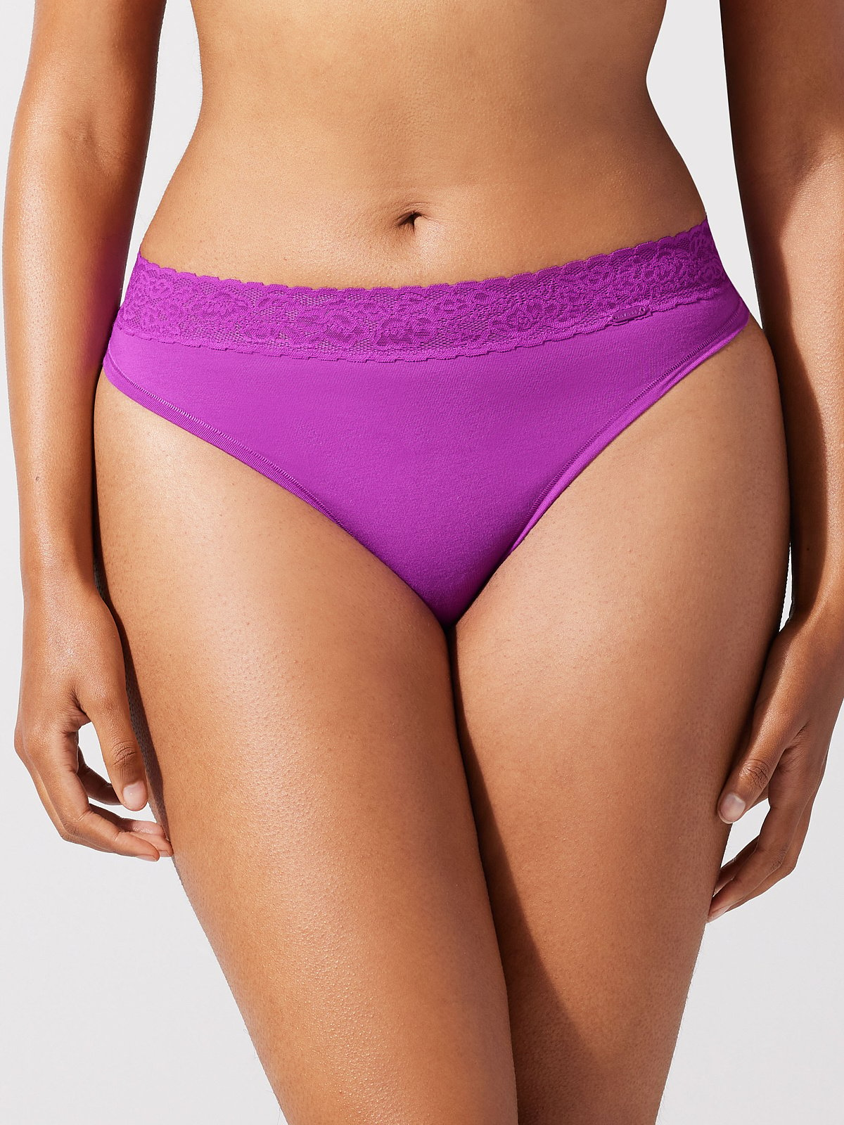 Cotton Essentials Lace Trim Mid Rise Thong Panty In Purple Savage X Fenty