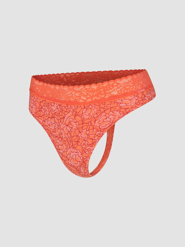 Cotton Essentials Lace Trim Mid Rise Thong Panty In Multi Orange