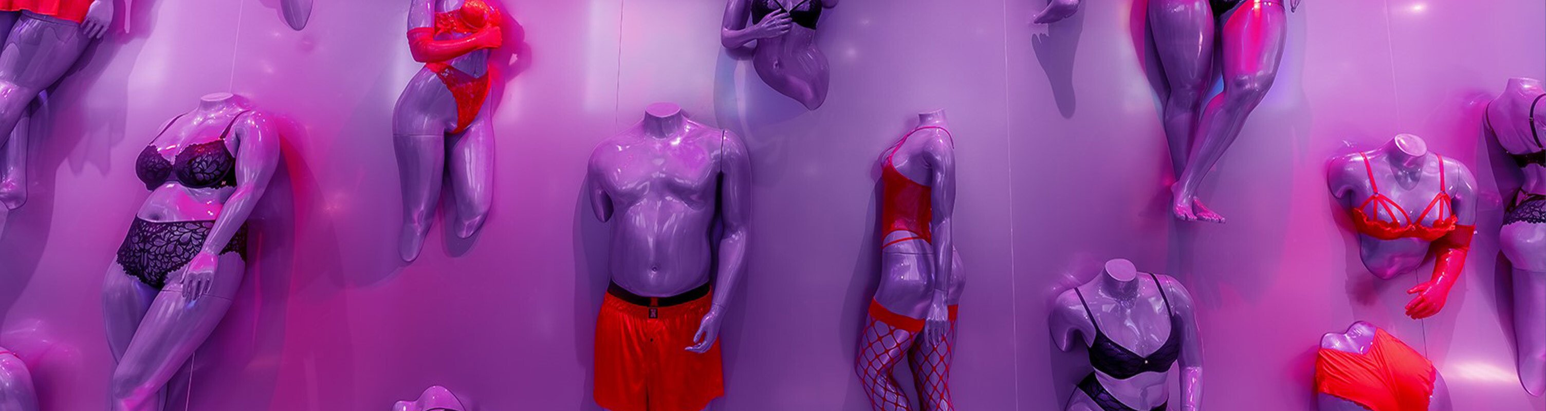 Savage X Fenty retail store wall of mannequins wearing red and black lingerie.