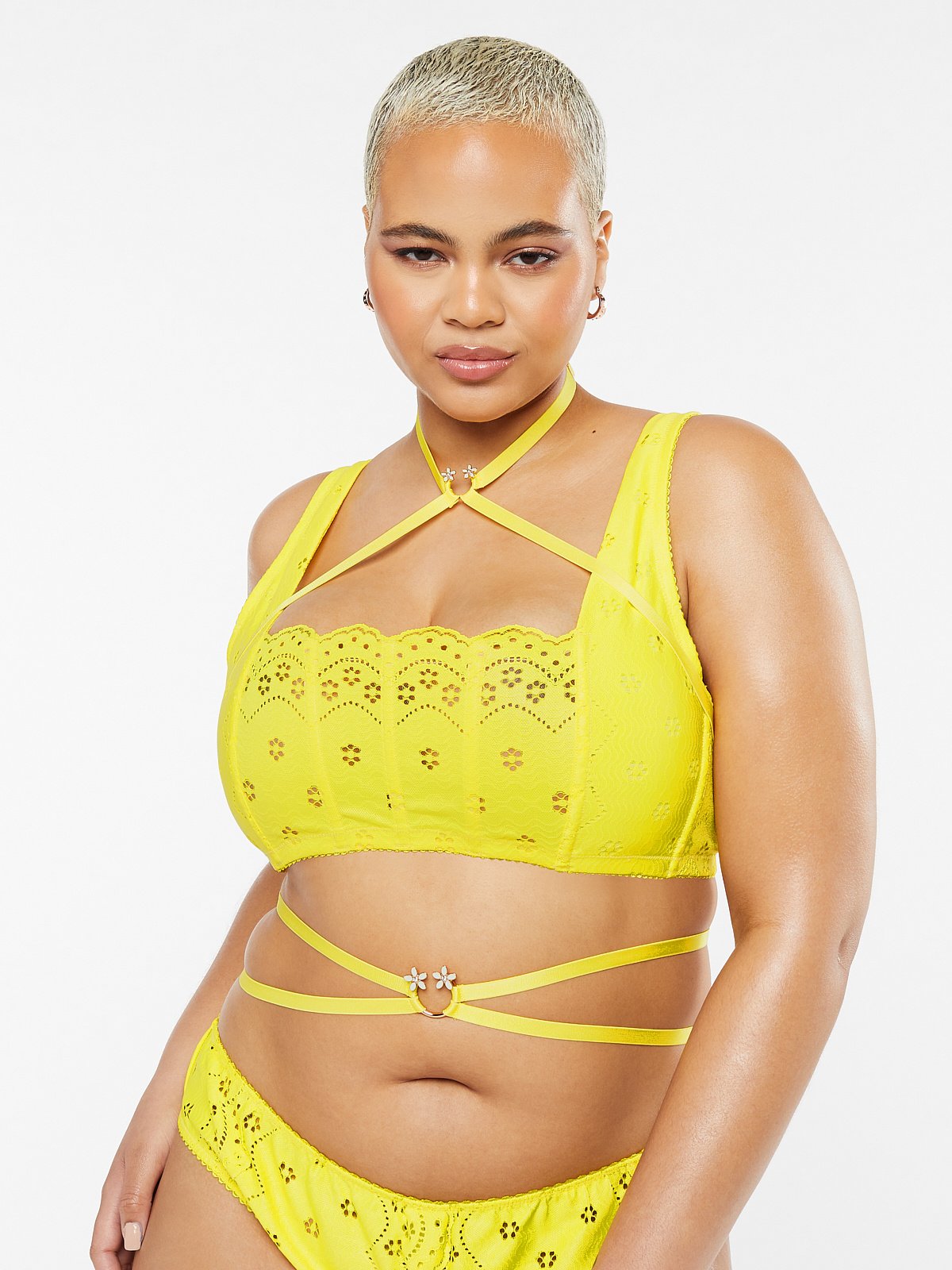 Bombshell Broderie Lace Halter Bralette in Yellow