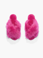 Fluffy Printed Detail Flat Slipper In Pink Faux Fur – shuzee