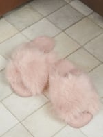 Kimberly Pink Faux-Fur Slide Slippers with Iridescent Heart - 1/2