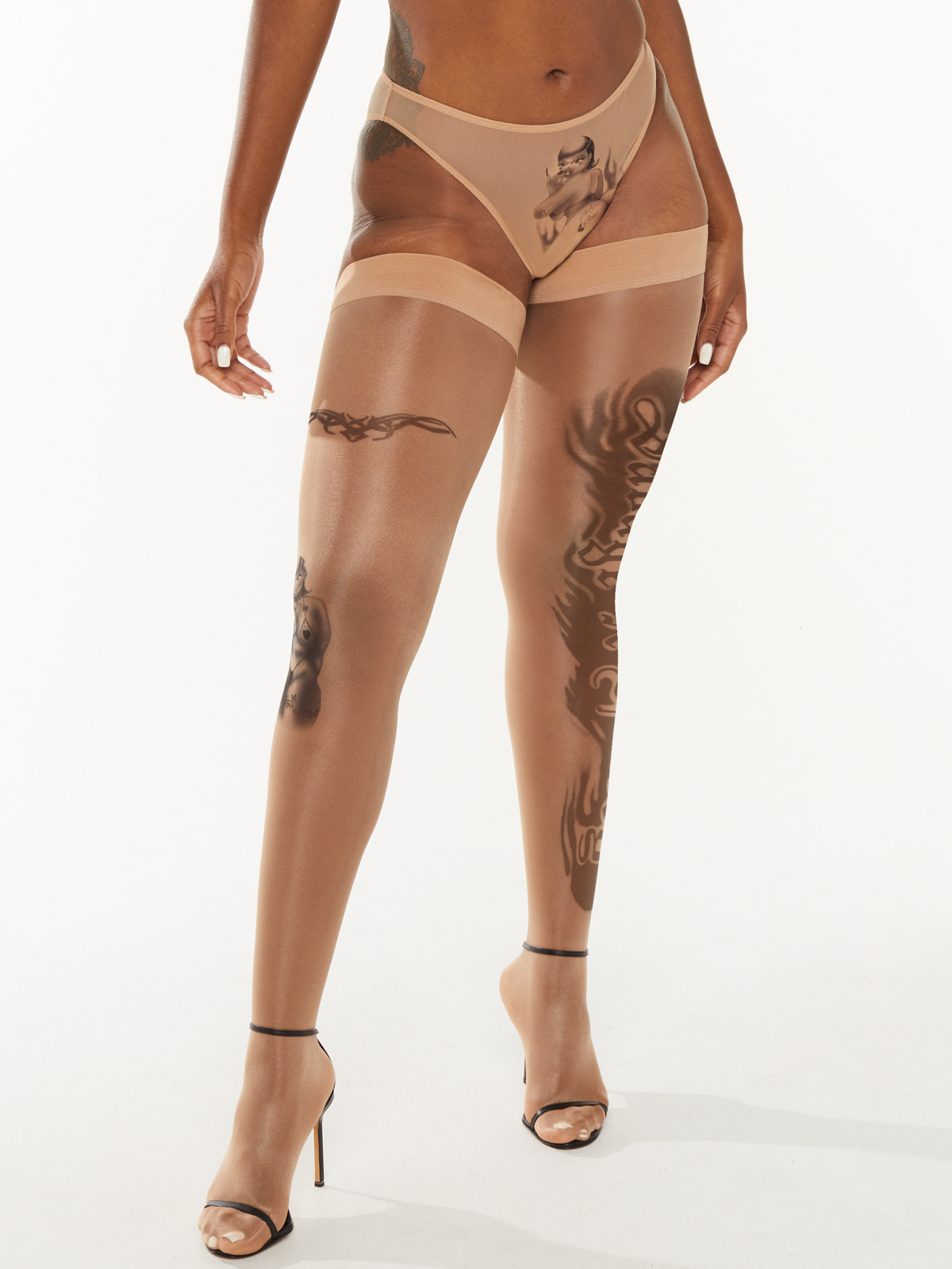 Inked Up Stay-Up Thigh High Stockings in Nude