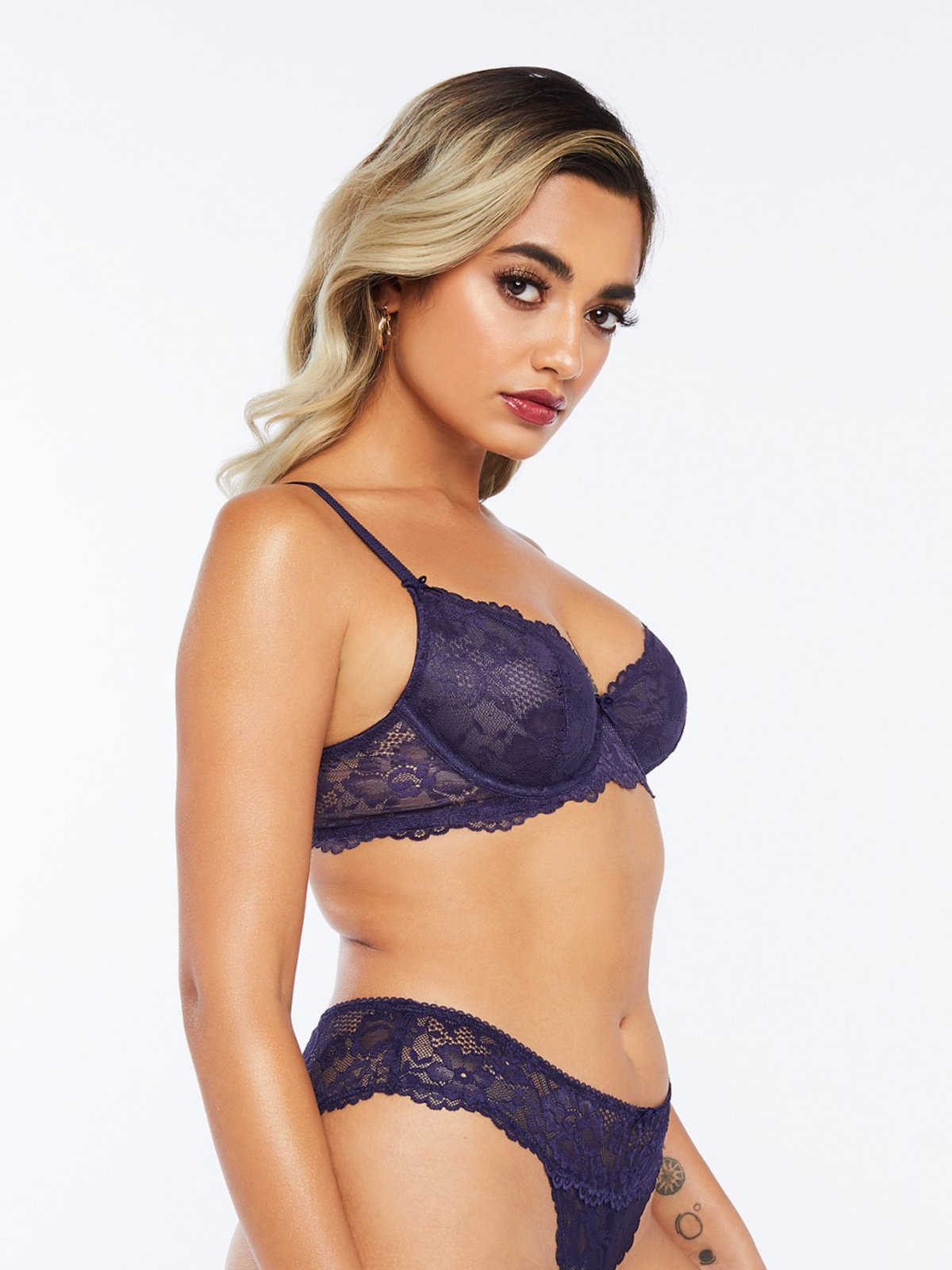 Unlined Microfiber and Lace Bra - Navy floral