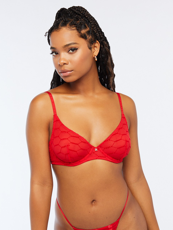 Flocked Logo Unlined Bra In Red Savage X Fenty