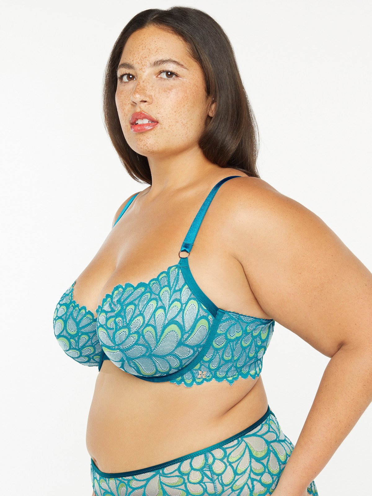 Savage Not Sorry Lightly Lined Lace Balconette Bra in Blue & Green