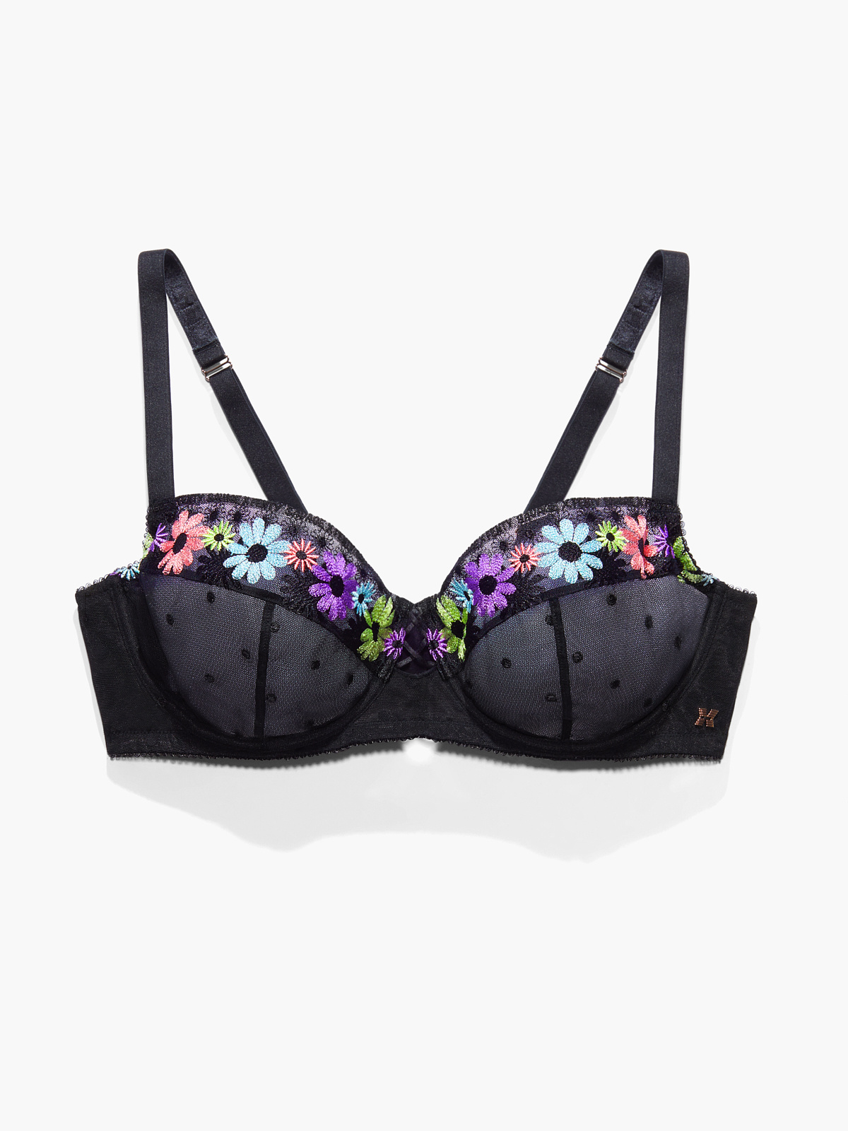 Free Spirit Floral Embroidery Unlined Balconette Bra in Black