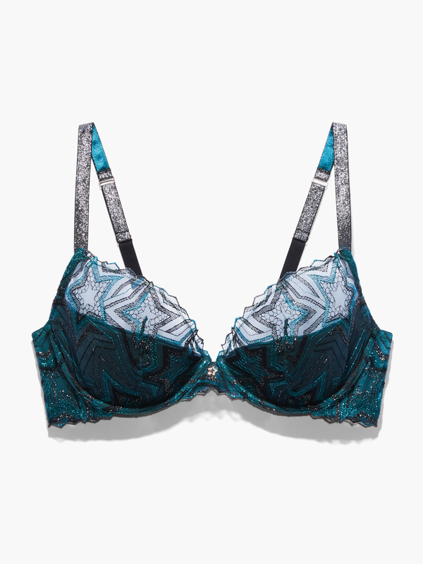 Shining Star Embroidered Half Cup Plunge Bra in Blue & Green & Multi ...