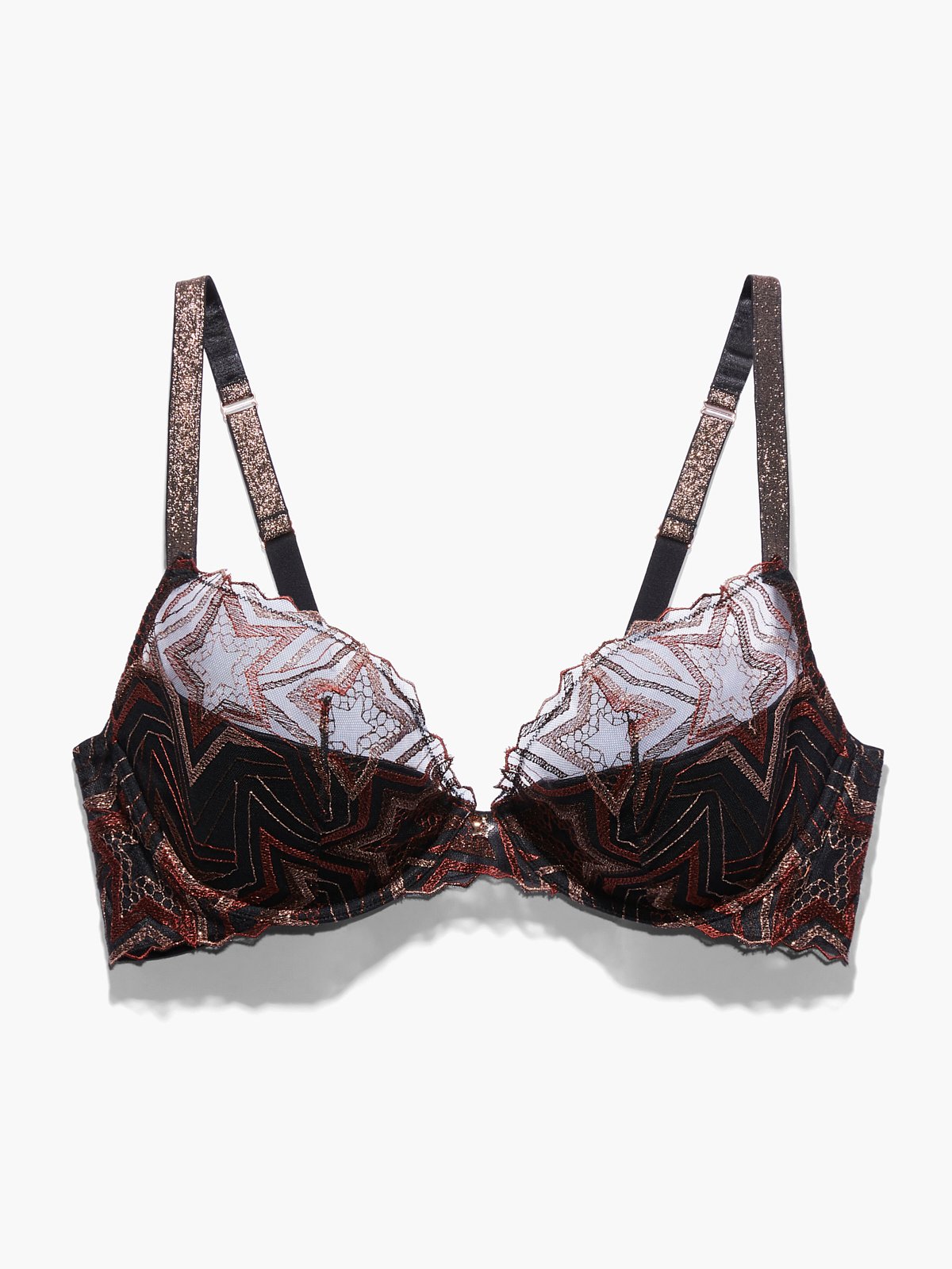 Shining Star Embroidered Half Cup Plunge Bra in Brown & Multi