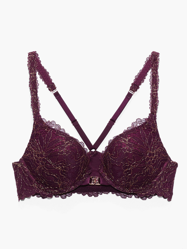 Push-up, Crystal, Tulle, Satin and Lace Detailed Bra Set Colors: Purple  Red-clear Straps -  Singapore