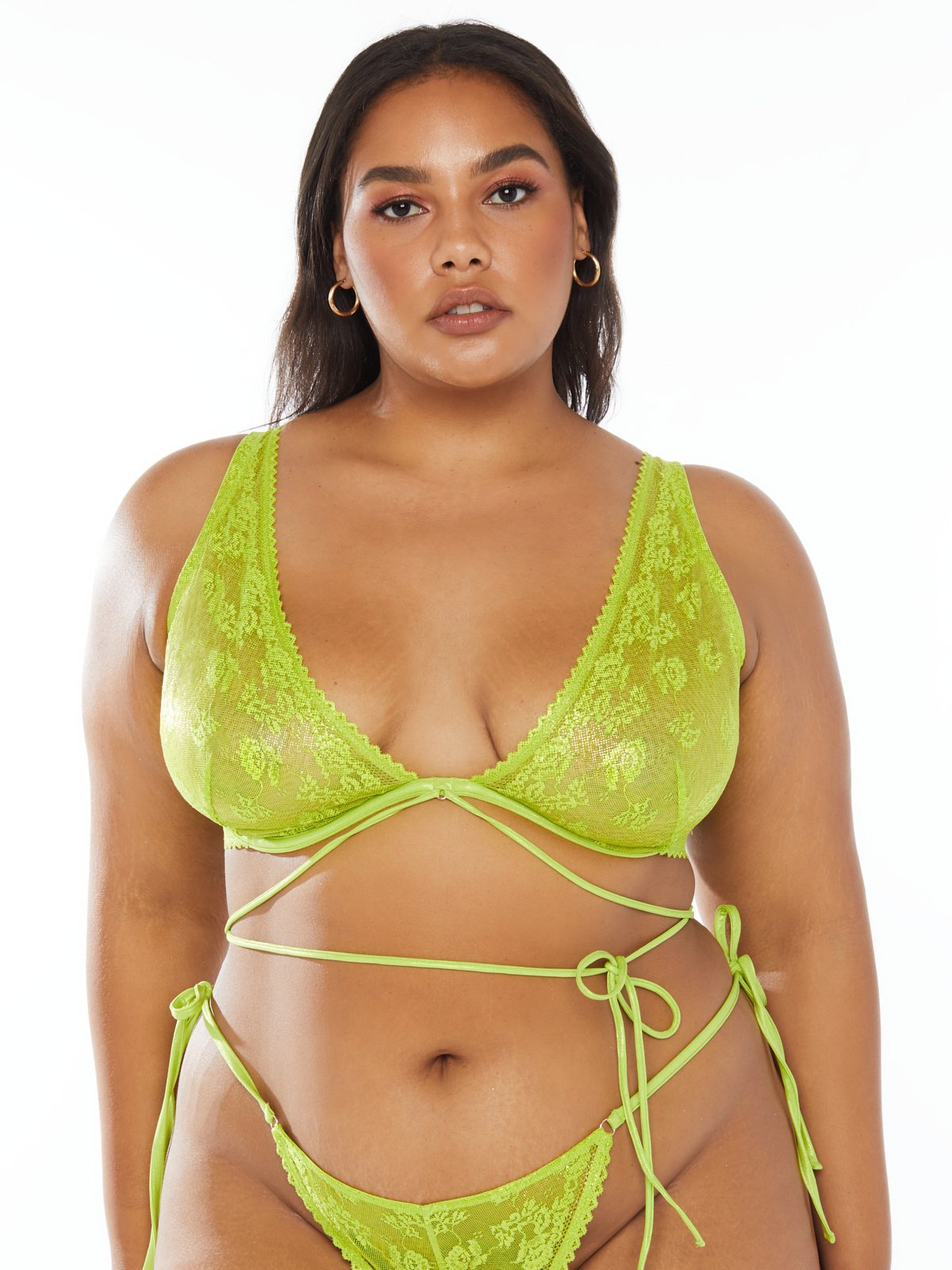 Caged Lace Unlined Bra with Tie in Green