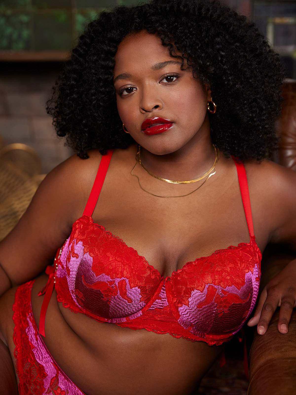 Lace'd Up Padded Low Balconette Bra in Multi & Pink & Red