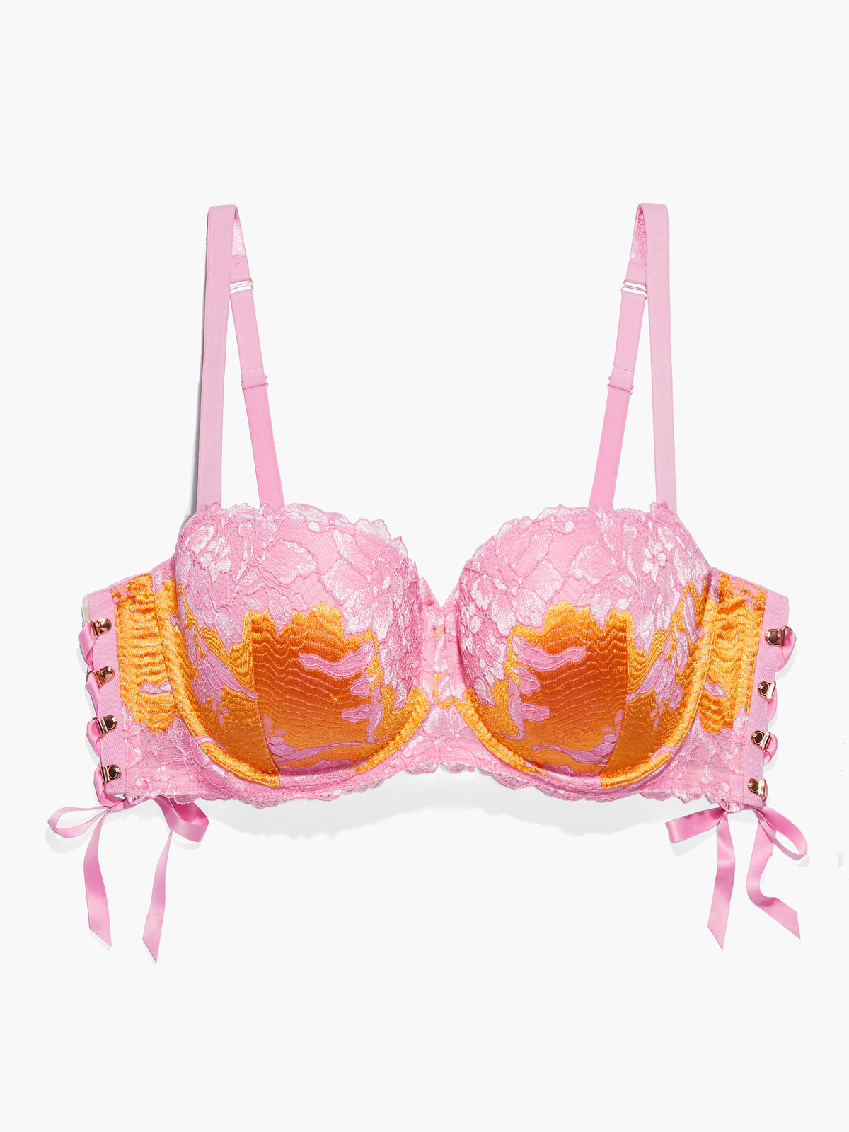 Lace'd Up Padded Low Balconette Bra in Multi & Orange & Pink