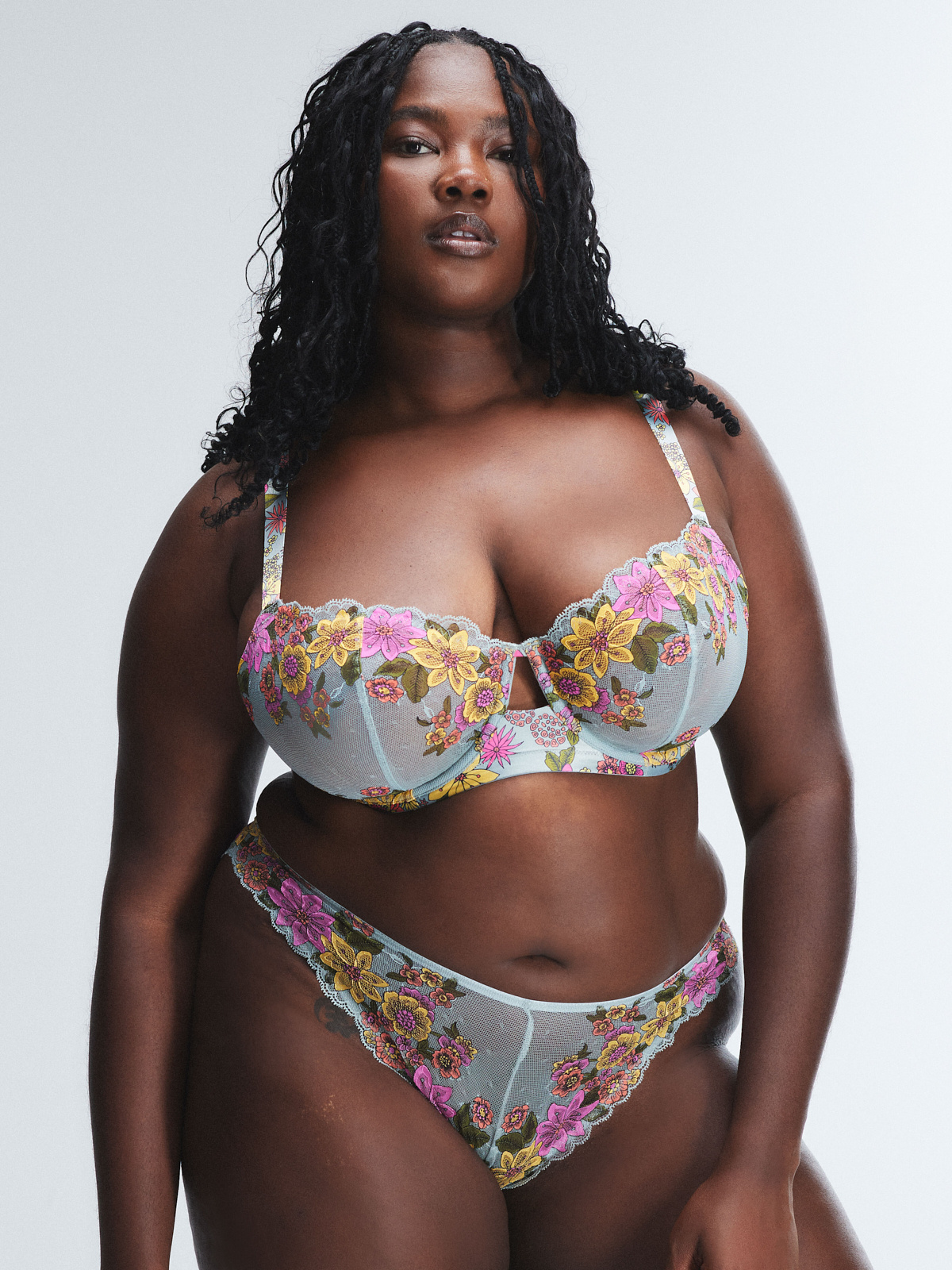 Mod Poppy Unlined Lace Balconette Bra in Grey & Multi | SAVAGE X FENTY