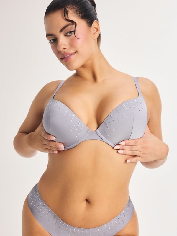 Microfiber Rhinestone Push-Up Plunge Bra