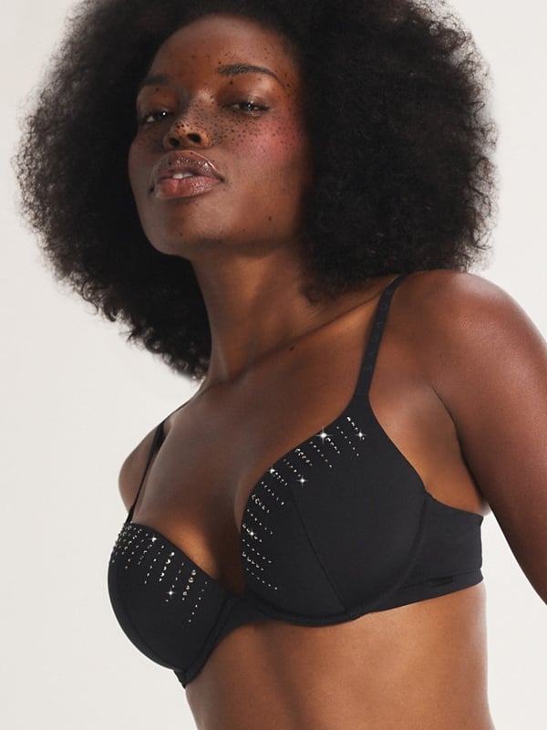 Microfiber Rhinestone Push-Up Plunge Bra