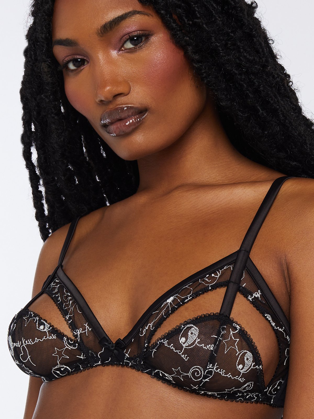 Dear Diary Embroidered Caged Bralette in Black