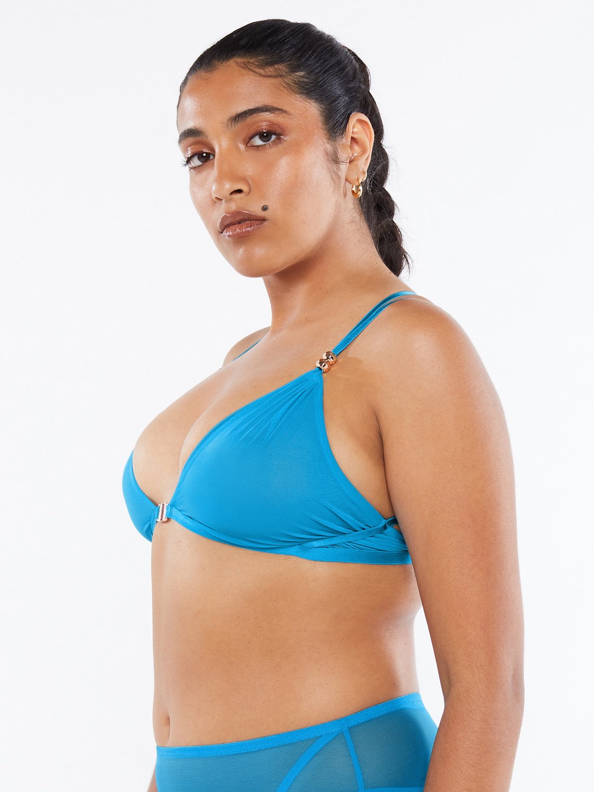 Gathered Mesh Strappy Bralette in Blue