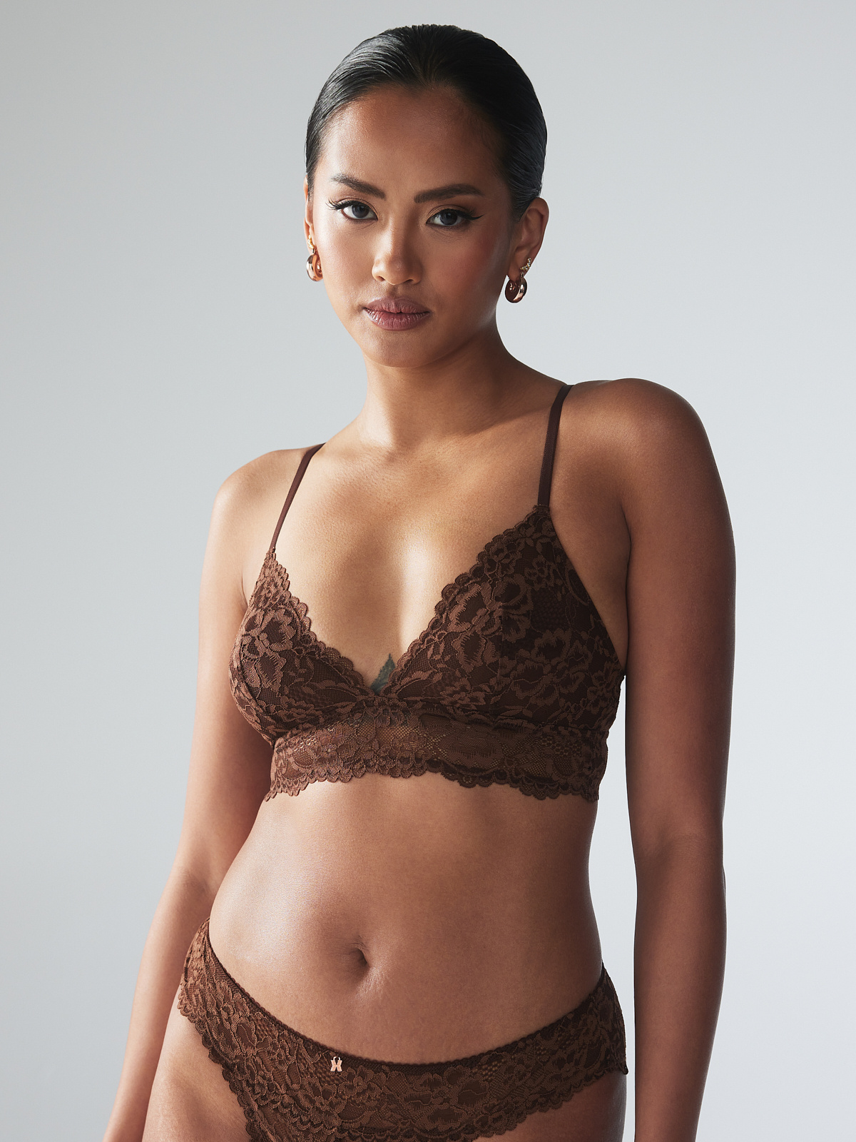 Floral Lace Triangle Bralette in Brown
