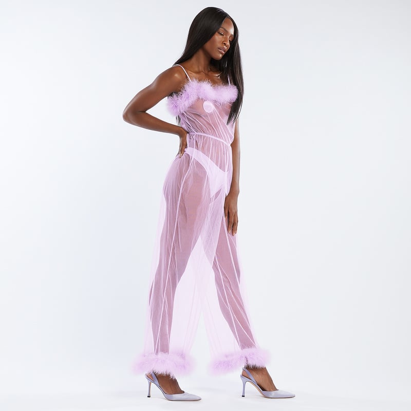 sheer marabou jumpsuit