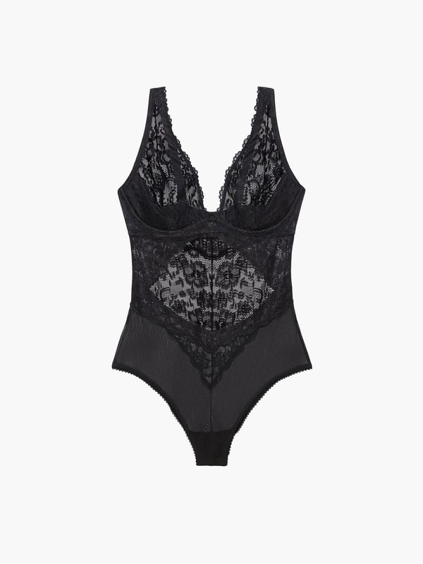 Lace and Mesh Floral Teddy - Black floral