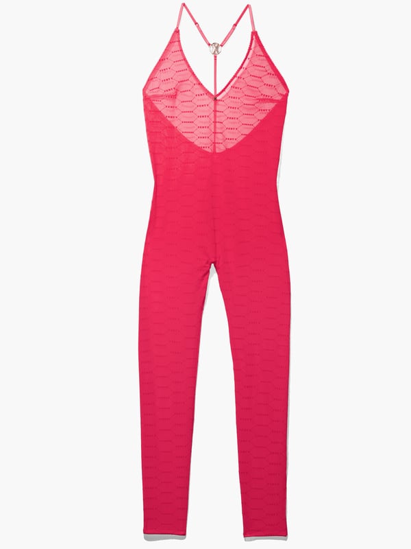 Flocked Logo Crotchless Catsuit in Pink | SAVAGE X FENTY