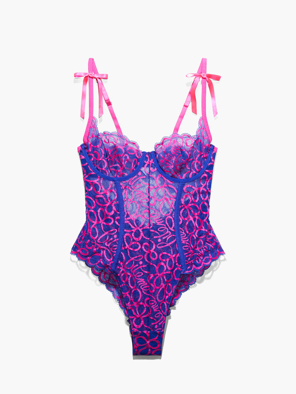 Ribbon Writing Lace Teddy in Blue & Multi & Pink | SAVAGE X FENTY