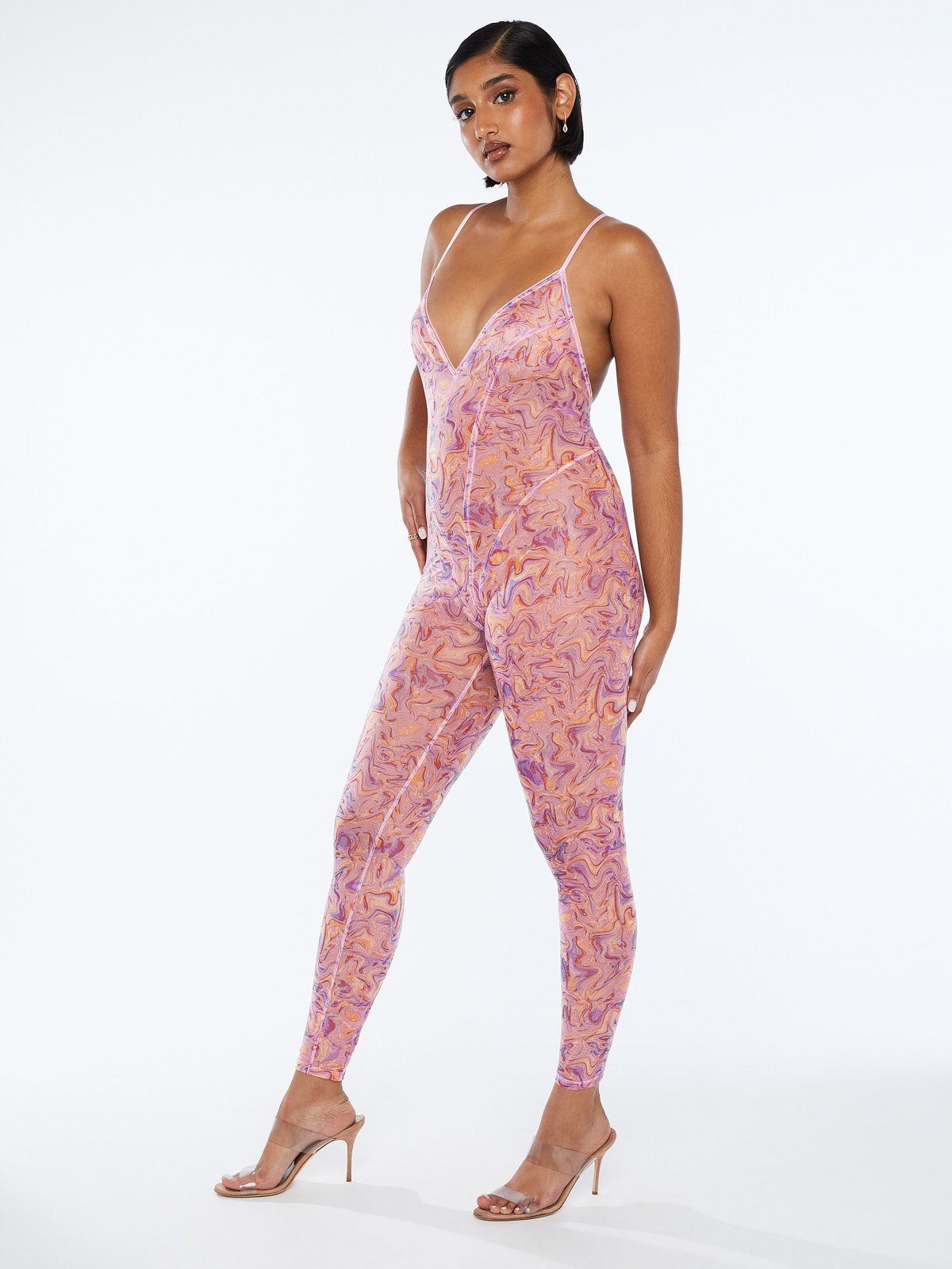 Sheer Mesh Underboob Dress & Crotchless G-String Pink L/XL