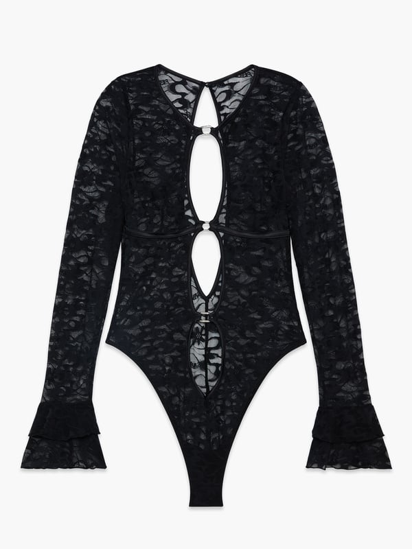 Long-Sleeve Link Up Lace Teddy in Black