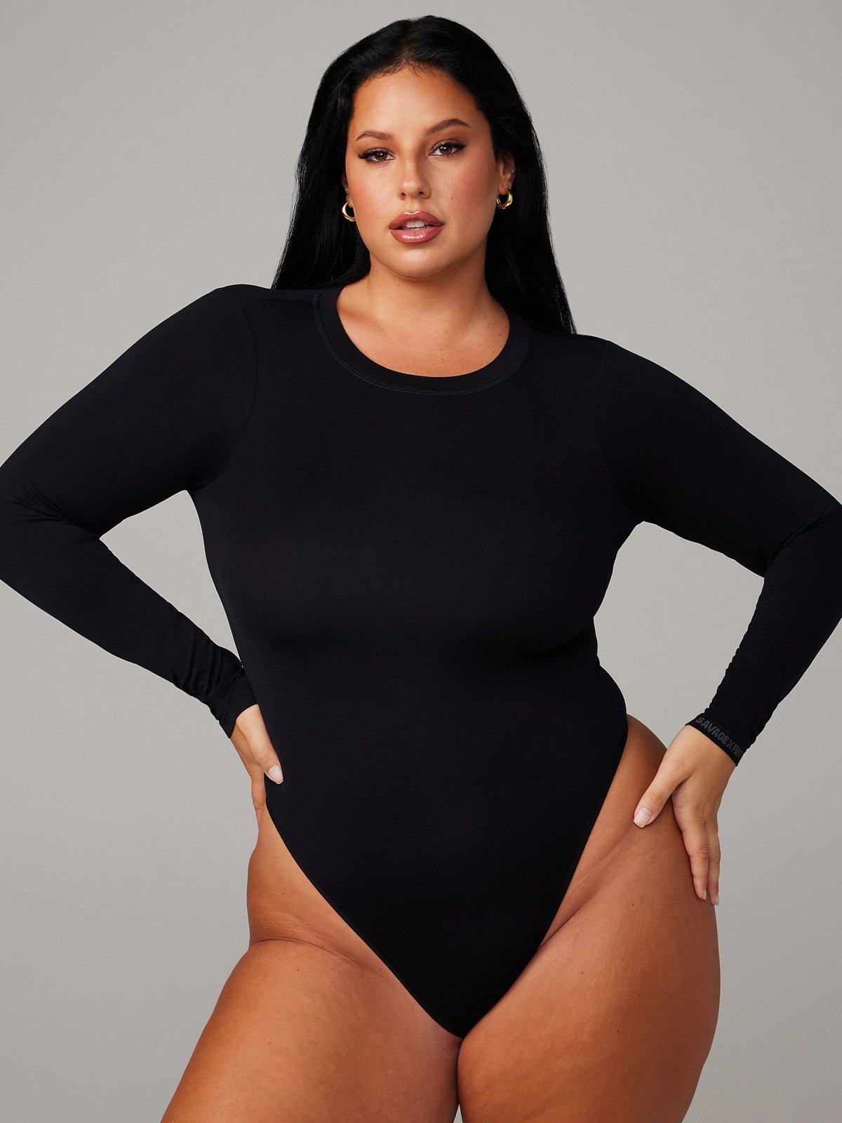 Women's Plus Size Long Sleeve Lace Black Bodysuit