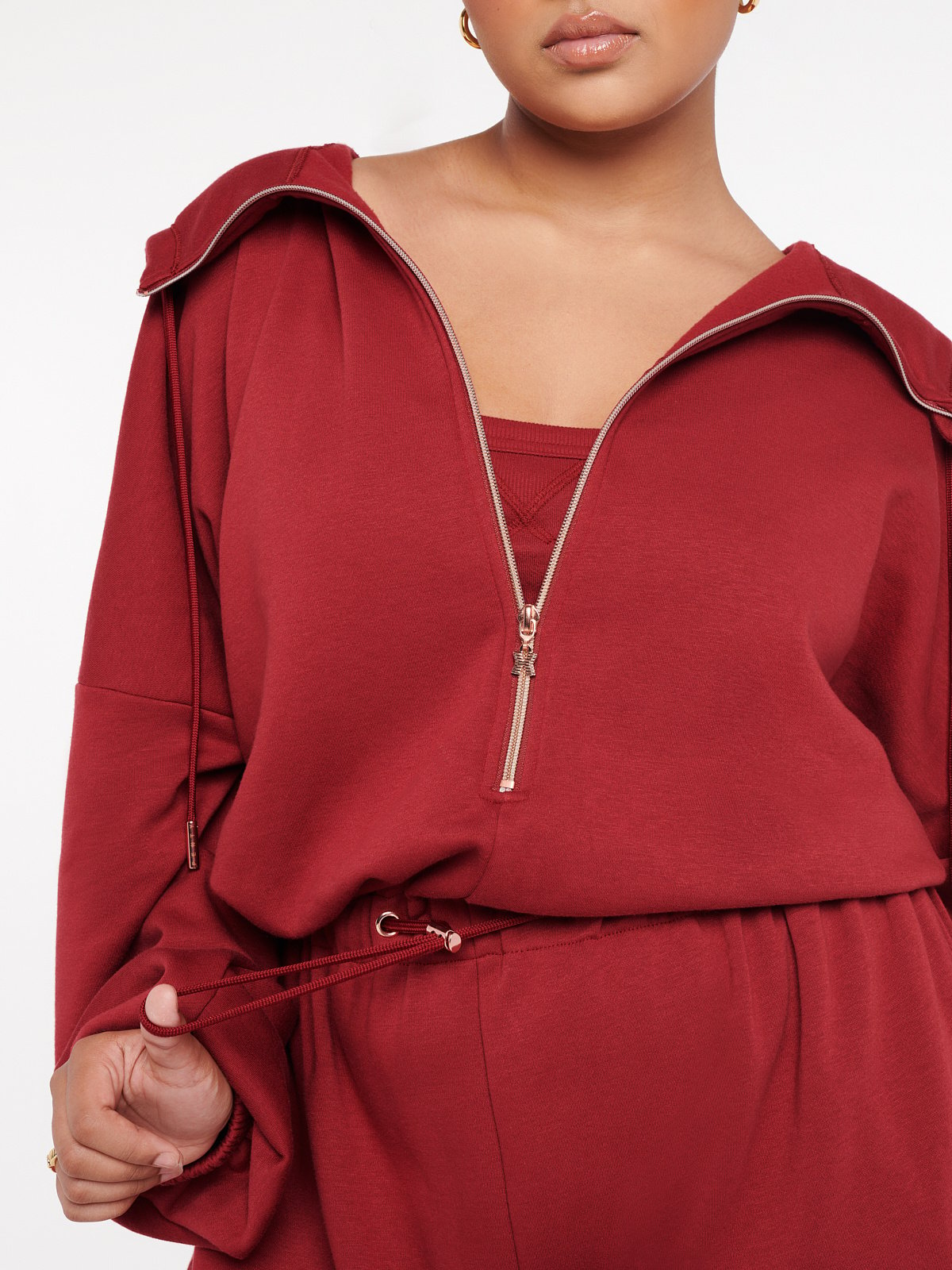 Xssential Oversized Cinched Hooded Jumpsuit in Red