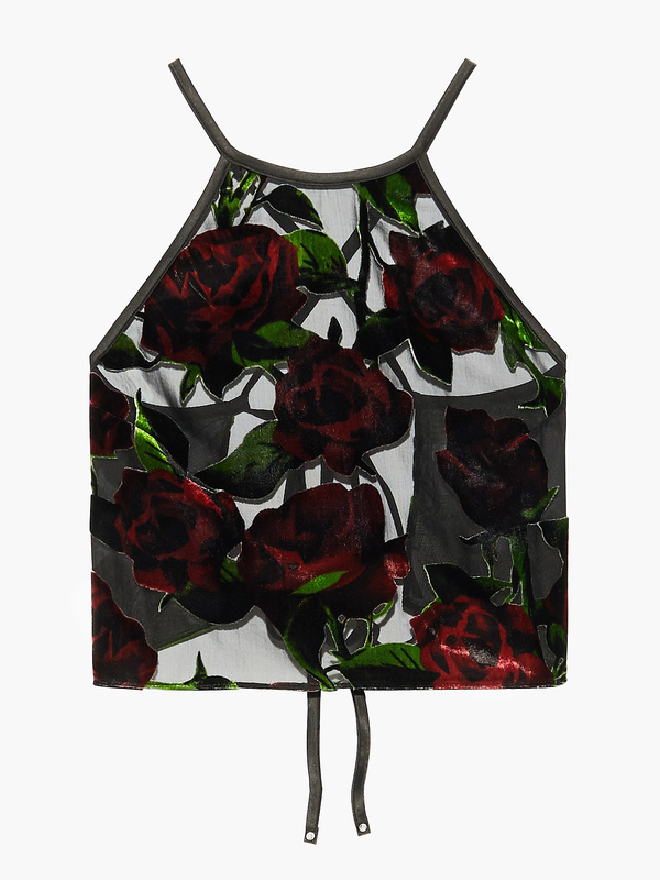 Exploded Floral Velvet & Chiffon Backless Sleep Crop Top in Black