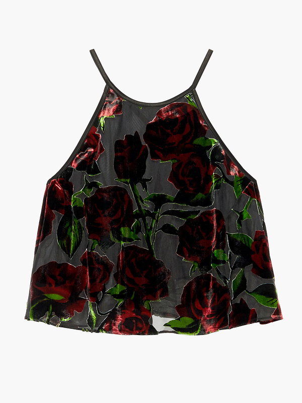 Exploded Floral Velvet & Chiffon Backless Sleep Crop Top in Black