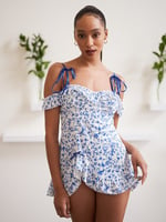 Plush Velvet Off-The-Shoulder Nightie in Blue & Multi & White