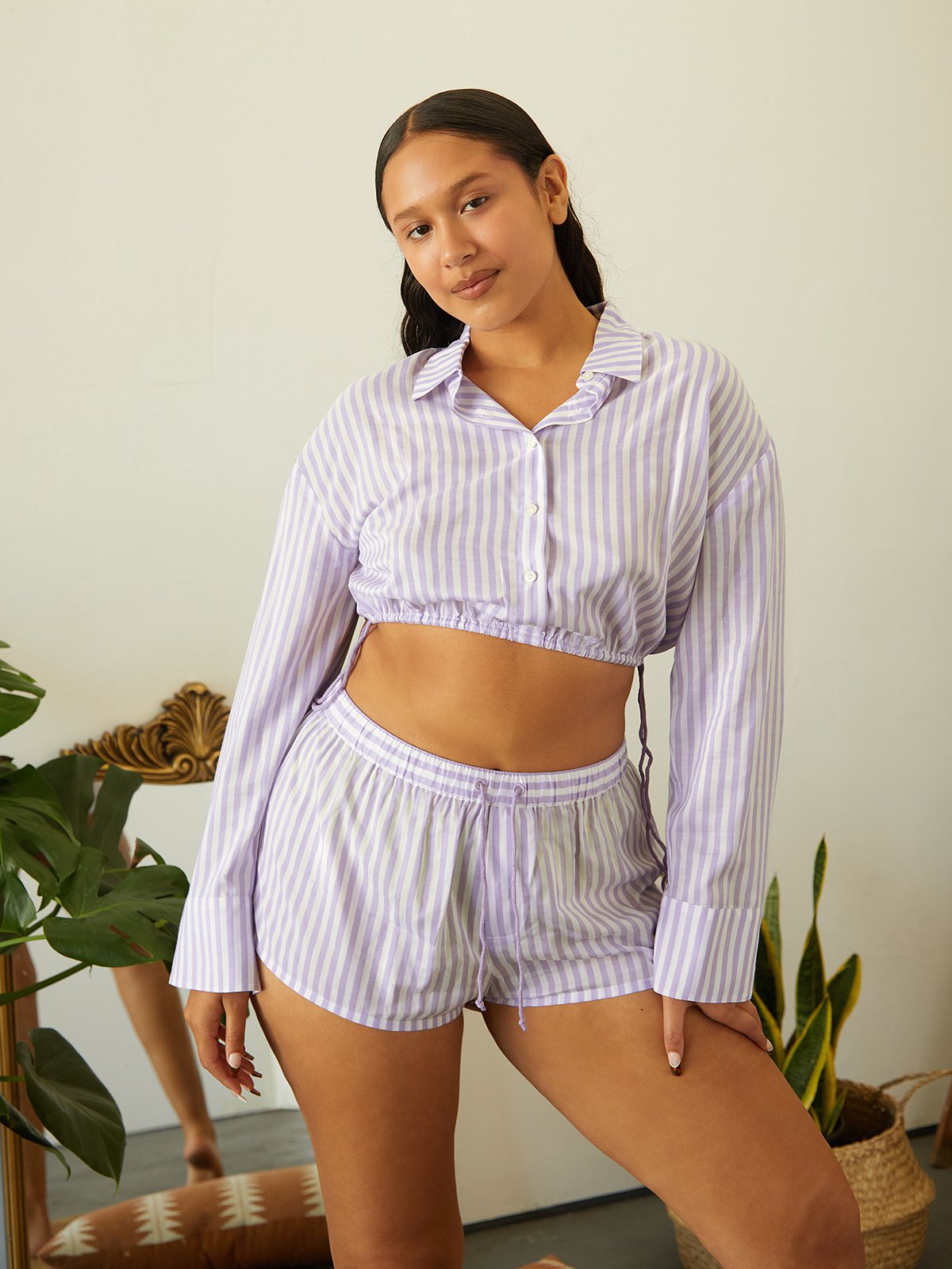 Coastal Stripe Woven Voile Sleep Crop Shirt with Drawstring in Multi