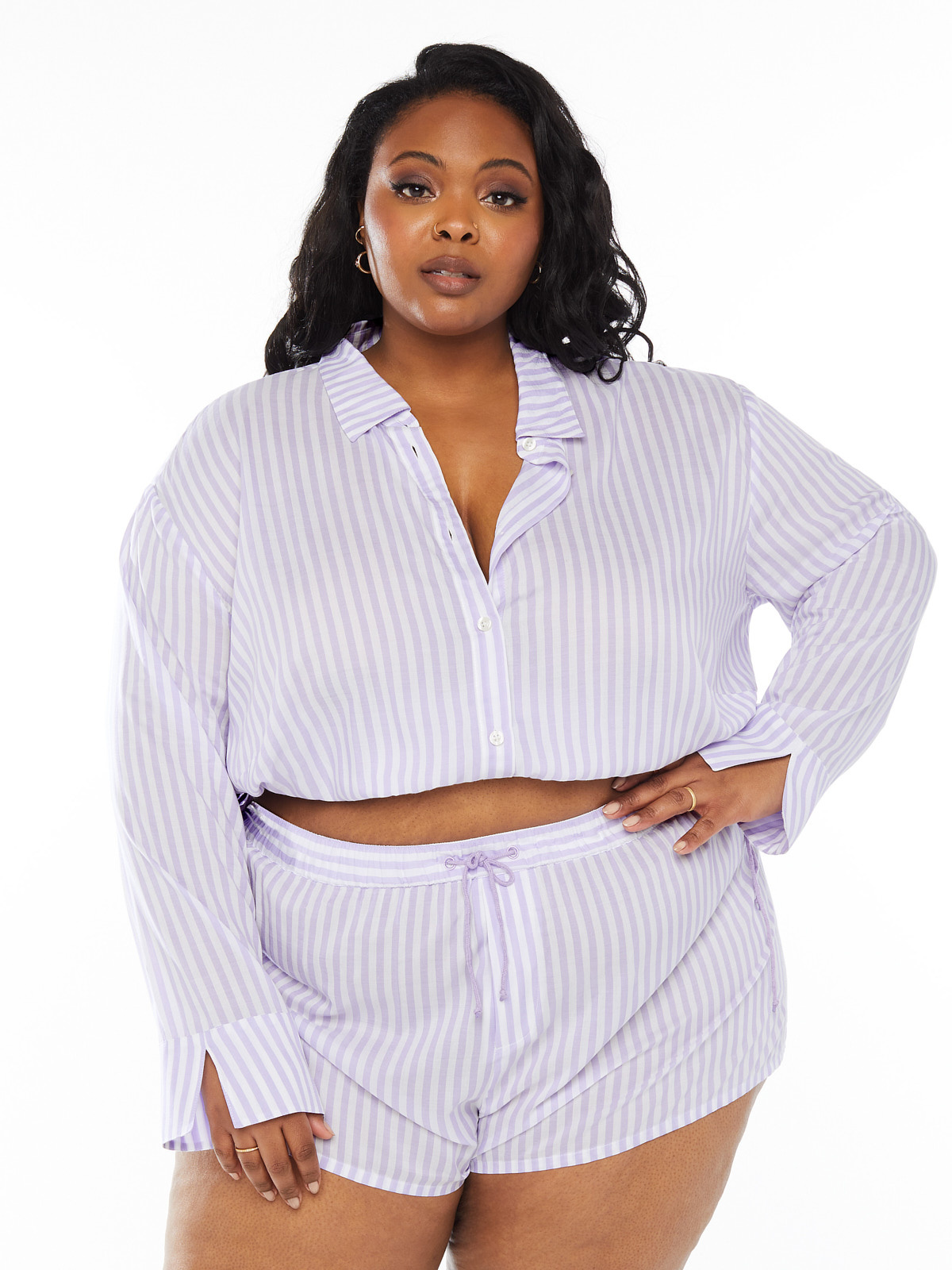 Coastal Stripe Woven Voile Sleep Crop Shirt with Drawstring in Multi