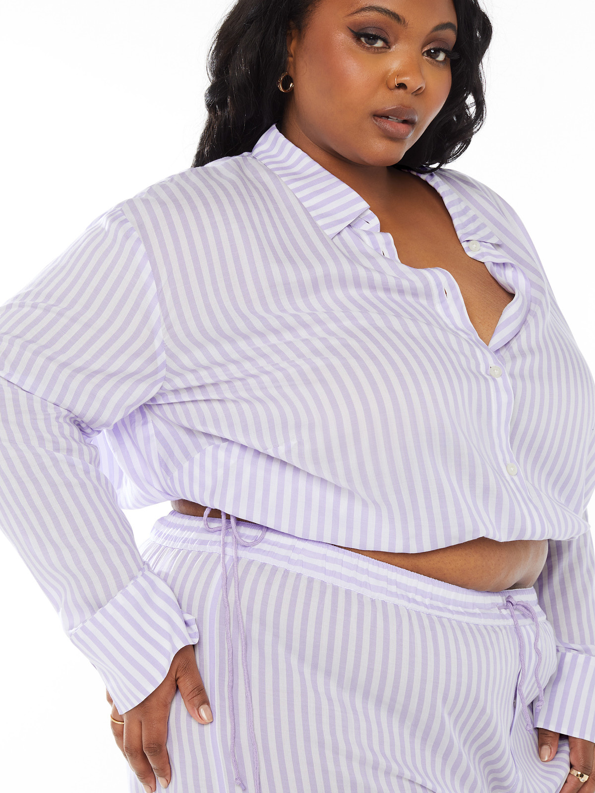 Coastal Stripe Woven Voile Sleep Crop Shirt with Drawstring in Multi