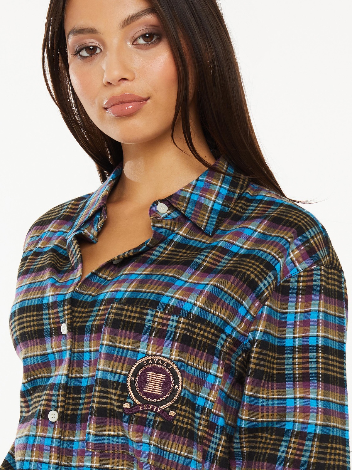 tied-up-tartan-pj-raw-hem-sleep-shirt-in-blue-green-multi-savage