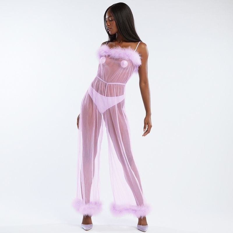 sheer marabou jumpsuit