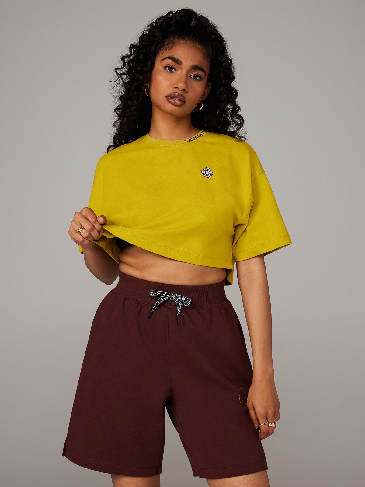 Xssential Heavy Jersey Back Page Cropped Tee in Gold & Yellow | SAVAGE X FENTY