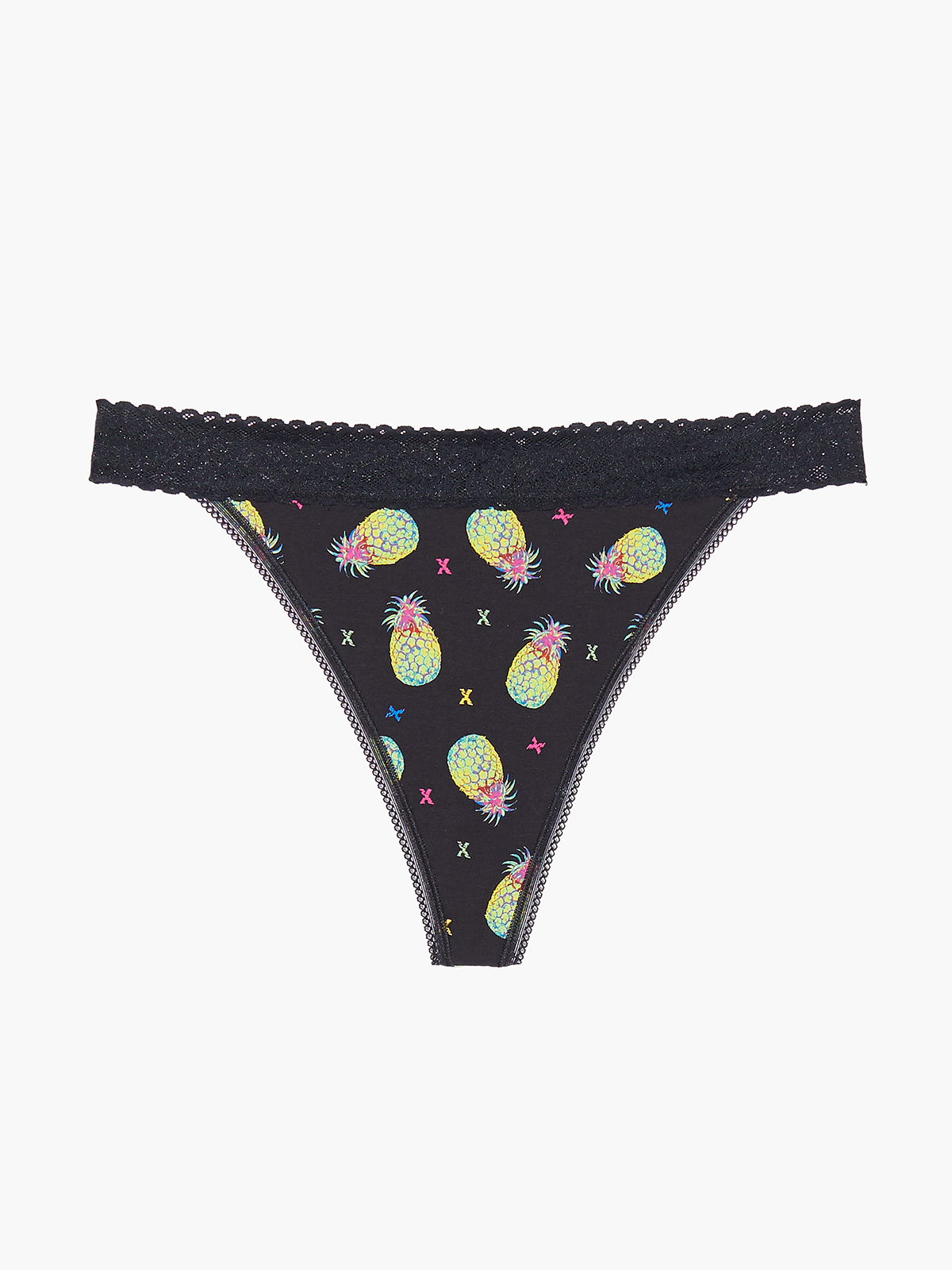 Cotton Essentials Lace-Trim Thong Panty in Black & Multi