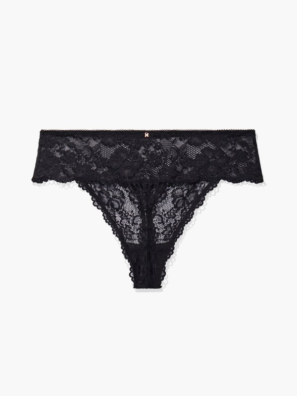 Floral Lace High-Waist Thong in Black