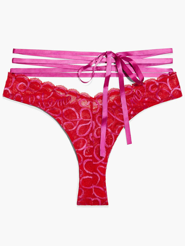 Ribbon Writing Lace Brazilian with Removable Tie in Pink & Red | SAVAGE X FENTY