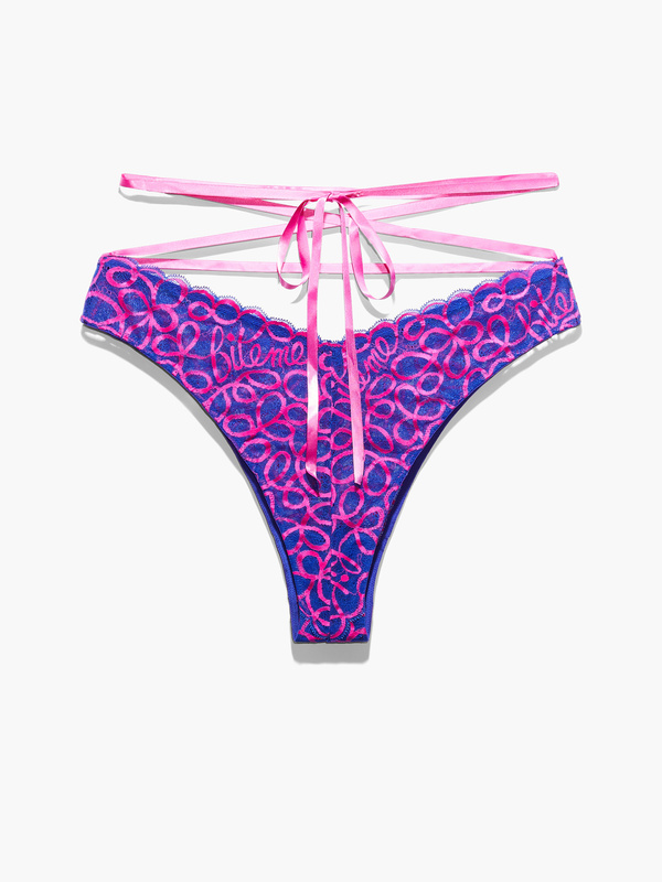 Ribbon Writing Lace Brazilian with Removable Tie in Blue & Multi & Pink