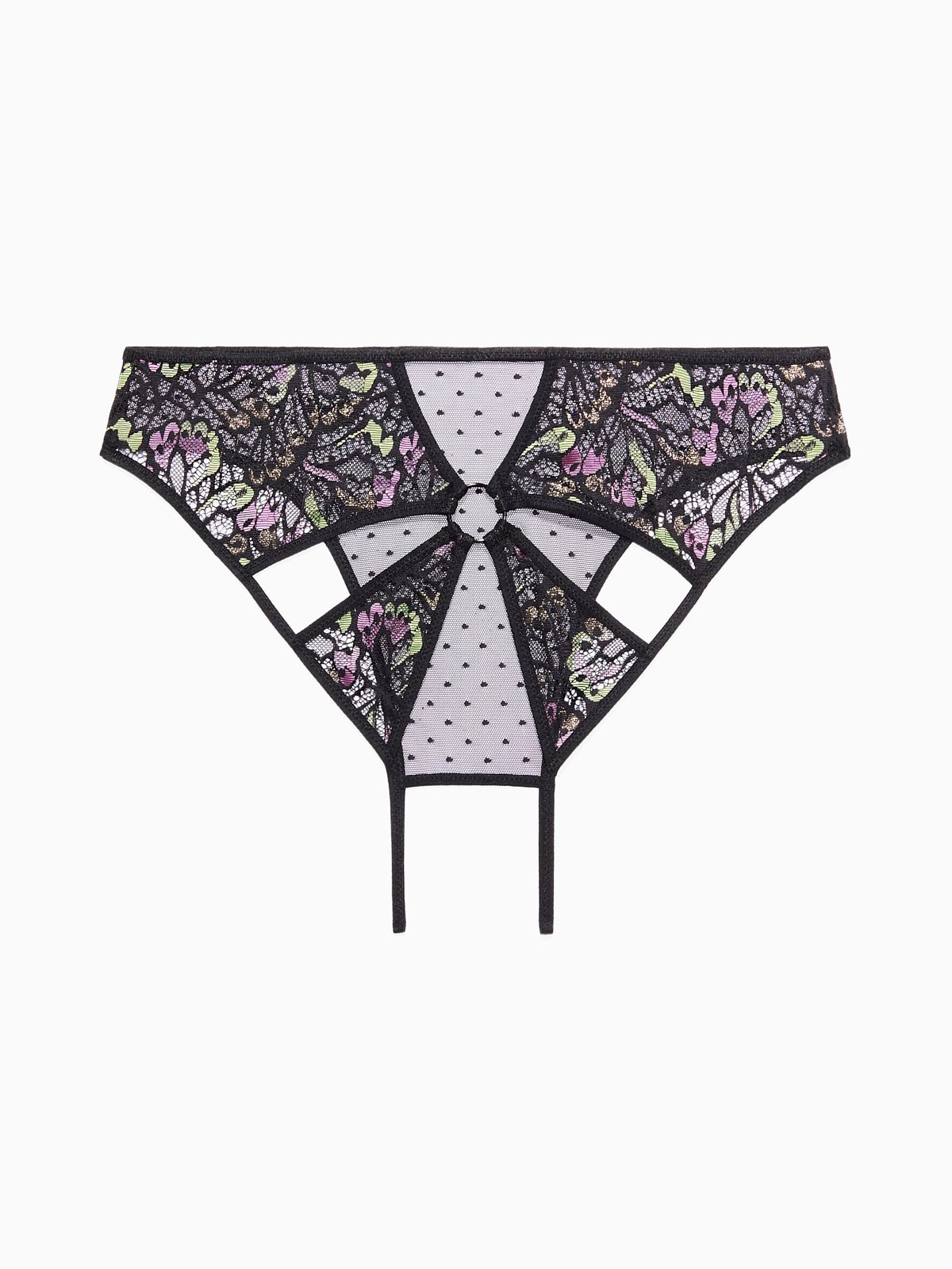 Butterfly Wings Lace & Mesh Crotchless Knickers in Black & Multi