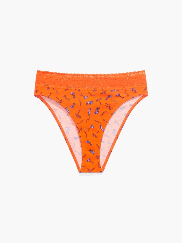 Cotton Essentials Lace-Trim High-Leg Bikini Panty in Nude & Orange