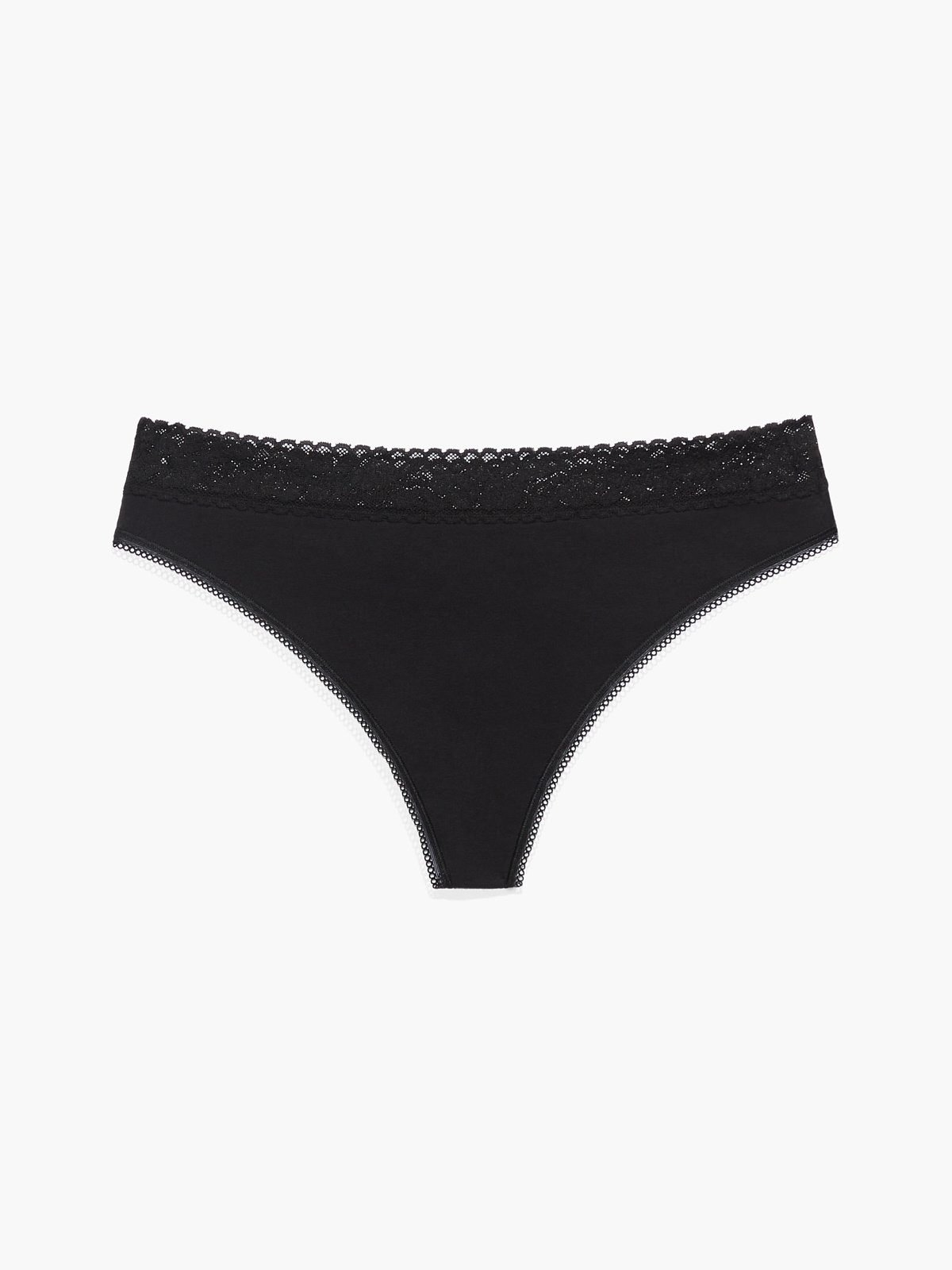 Cotton Essentials Lace-Trim Mid-Rise Thong Panty in Black