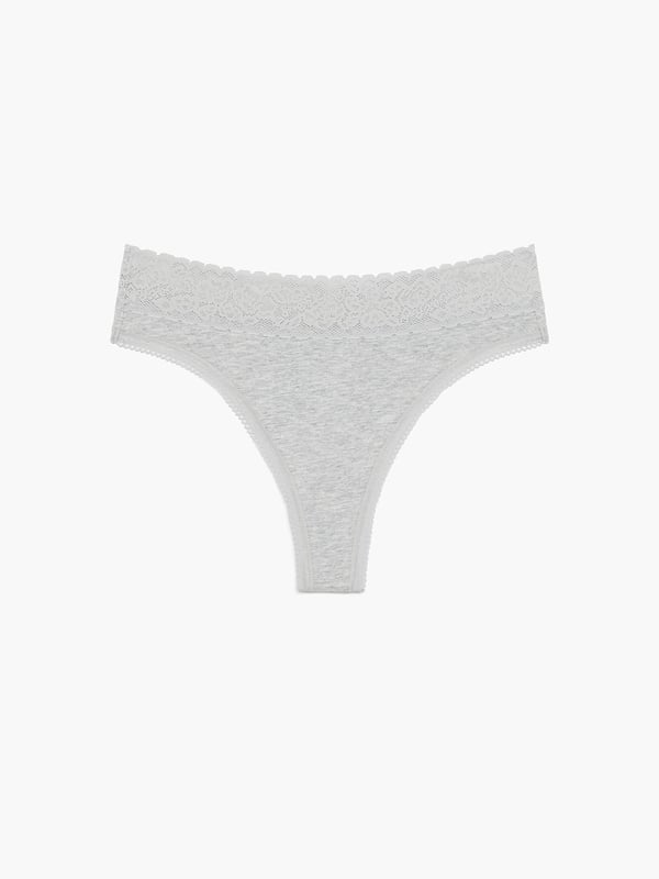 Cotton Essentials Lace-Trim Mid-Rise Thong Panty in Grey | SAVAGE X FENTY