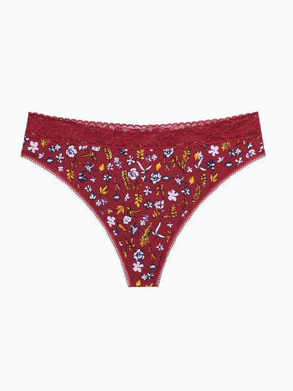 Cotton Essentials LaceTrim MidRise Thong Panty in Multi & Red
