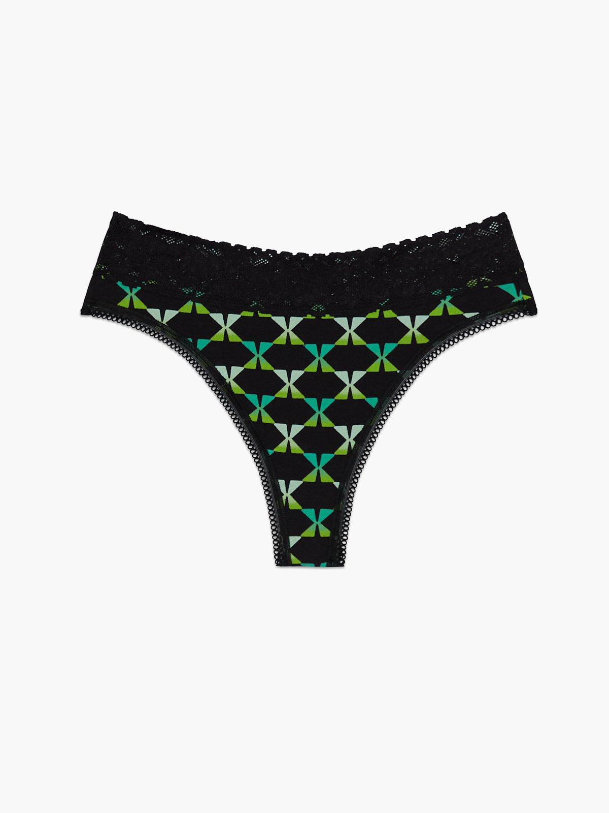 Cotton Essentials Lace-Trim Mid-Rise Thong Panty in Black & Green & Multi